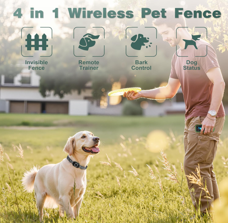 TQT 4-in-1 Wireless Dog Fence System Electric Dog Fence with Training Collar & Anti-Bark Collar | Real-Time Pet Status Display | Portable Waterproof Outdoor Pet Containment System - T800Pro
