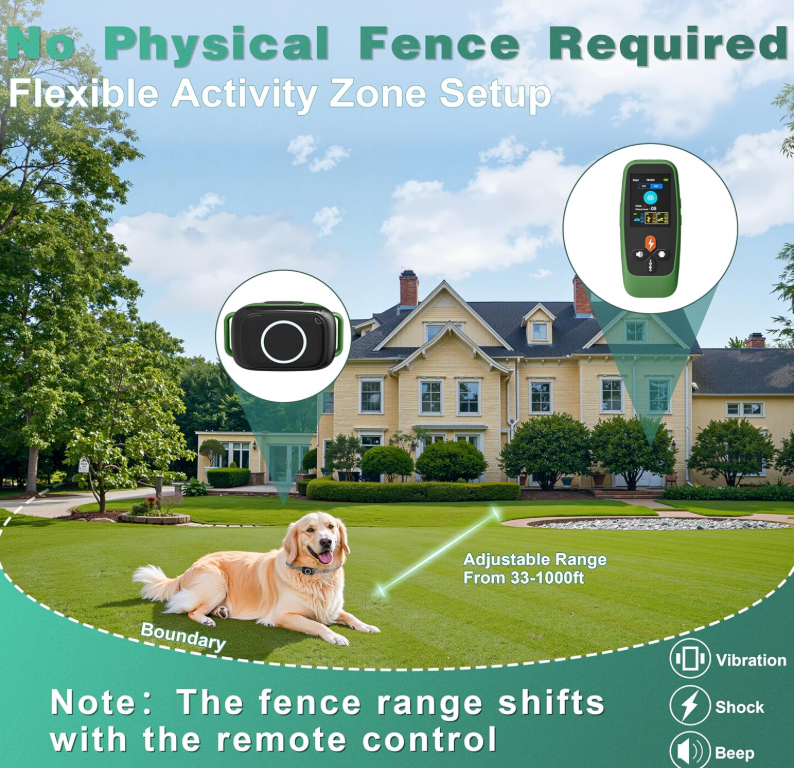 TQT 4-in-1 Wireless Dog Fence System Electric Dog Fence with Training Collar & Anti-Bark Collar | Real-Time Pet Status Display | Portable Waterproof Outdoor Pet Containment System - T800Pro